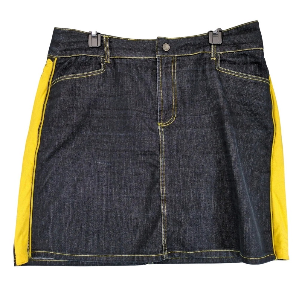 Crest Jeans Dark Denim Jean Mini Skirt Juniors Sz 15/16 Yellow Side Stripes Y2K